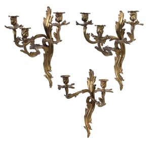 Three French Louis XVI Style Bronze Sconces, 19th c., Three Arm- H.- 16 in., W.- 14 in., D.- 10 in.;