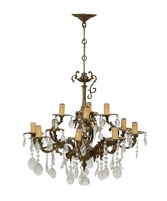 Spanish Rococo Style Brass and Crystal Twelve Light Chandelier, 20th c., H.- 32 in., Dia.- 15 in.