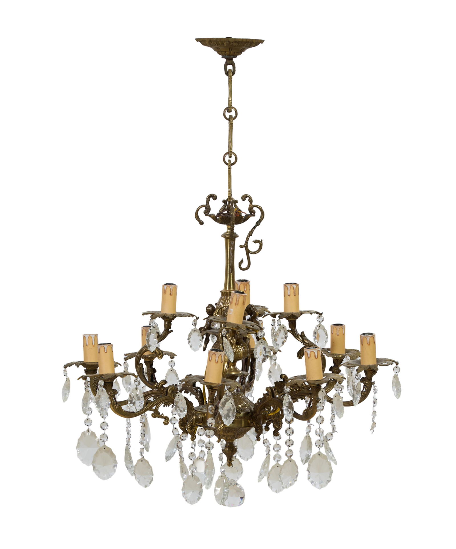 Spanish Rococo Style Brass and Crystal Twelve Light Chandelier, 20th c., H.- 32 in., Dia.- 15 in. (1 of 1)