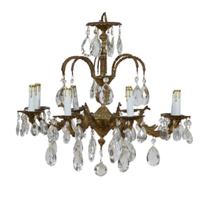 Spanish Brass and Crystal Six Light Chandelier, 20th c., H.- 21 1/2 in., Dia.- 25 1/4 in.