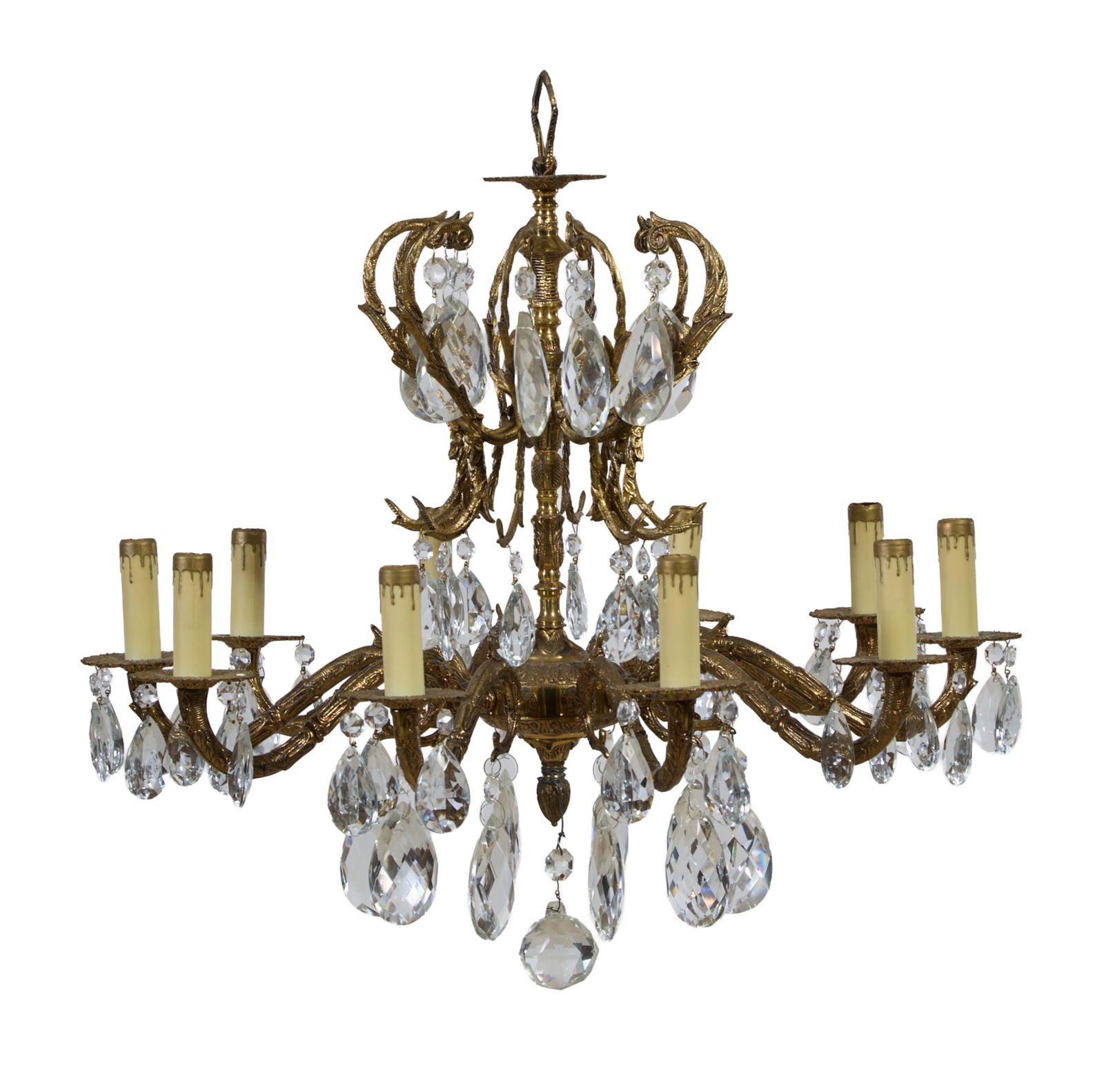 Spanish Brass and Crystal Twelve Light Chandelier, 20th c., H.- 18 in., Dia.- 22 in. (1 of 1)