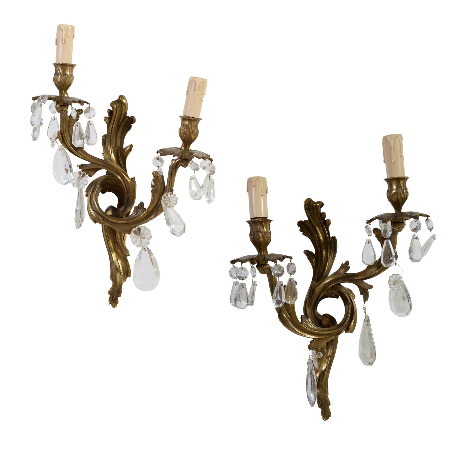 Pair of French Louis XV Style Gilt Bronze and Crystal Sconces, 19th c., Each- H.- 18 in., W.- 12 (1 of 3)