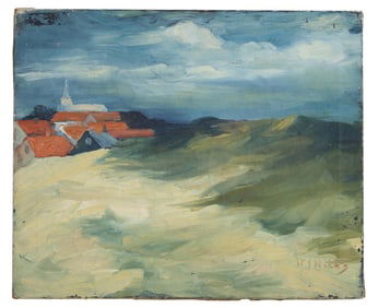 Helen James Niles (American/Ohio, 1866-1930), "Landscape with Rooftops and Church Steeple," H.- 20