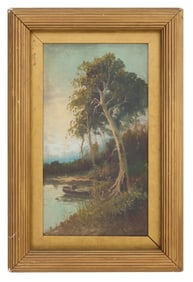 American School (Late 19th/Early 20th Century), "Boating Along the Bank," H.- 16 in., W.- 9 in.,