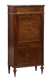 French Louis XVI Style Marble Top Walnut Secretaire a Abattant, late 19th c., H.- 56 in., W.- 27