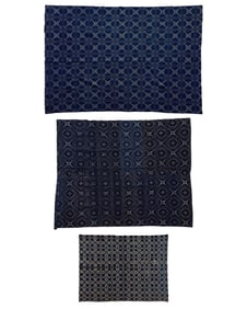 Three American Blue Homespun Jacquard Blankets, mid 19th c., Largest- 8' 7 x 5' 9; Medium- 7' 6 x 5'