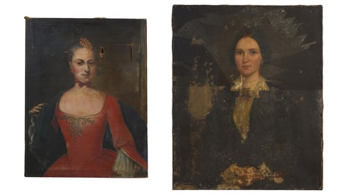 Pair of Portraits, Continental School (19th Century), "Portrait of a Lady in Red," and American