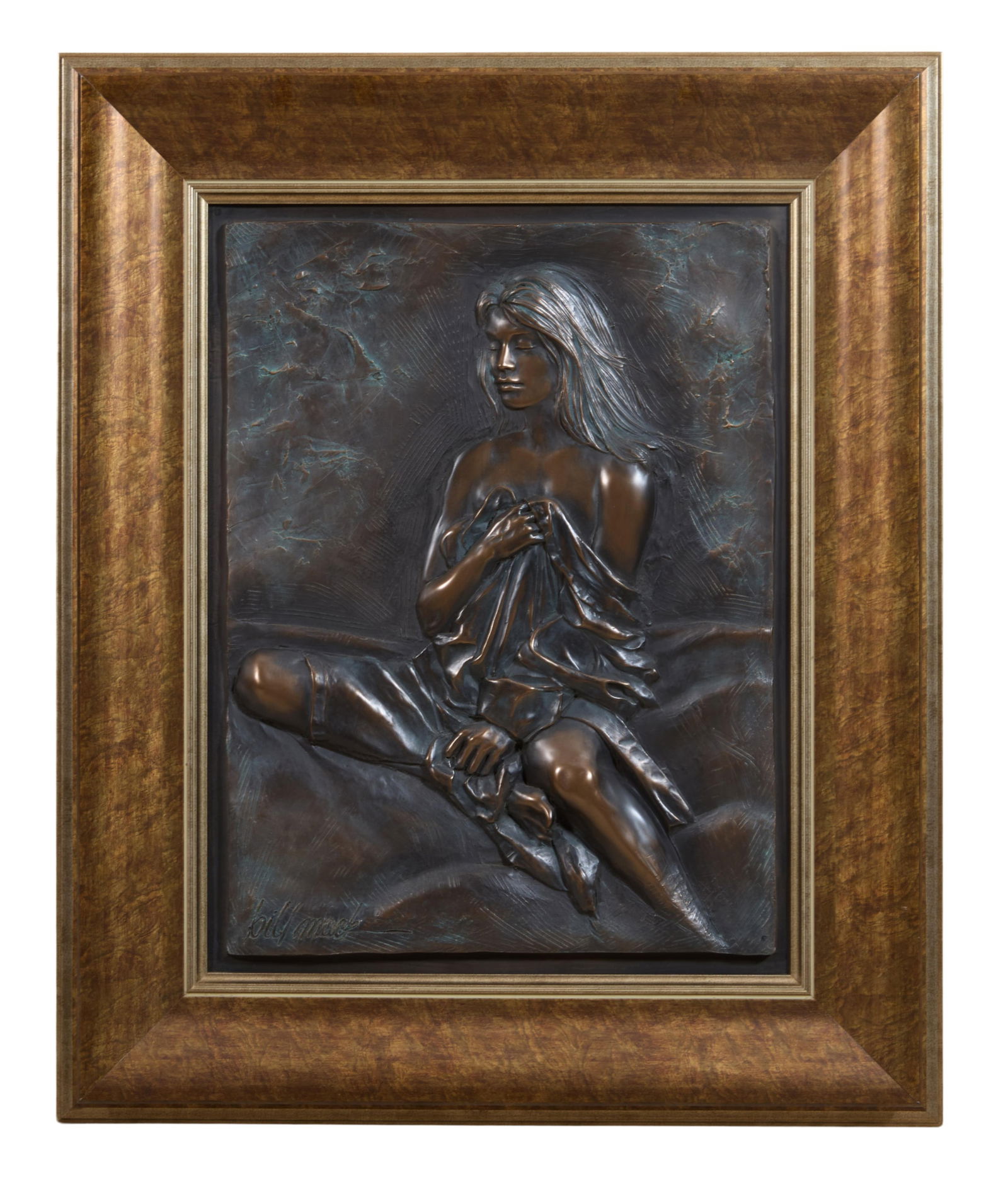 Bill Mack (American/Minnesota, b. 1949), "Woman Seated Holding Up Sheet," Overall- H.- 38 1/2 in.,: Bill Mack (American/Minnesota, b. 1949), "Woman Seated Holding Up Sheet," bonded bronze relief on wood panel, signed lower right, presented in a bronzed composite wood frame, Overall- H.- 38 1/2 in.,
