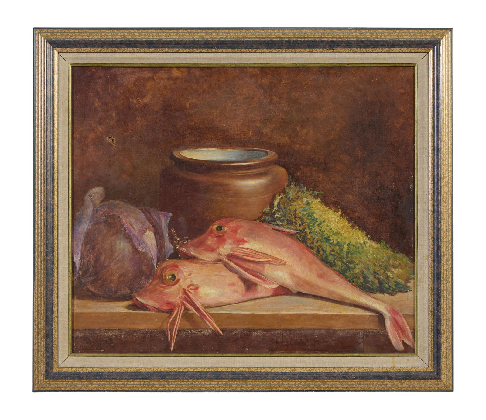 Emile Posteaux (French, 1856-1936), "Still Life with Red Mullet Fish," H.- 18 1/4 in., W.- 21 1/2: Emile Posteaux (French, 1856-1936), "Still Life with Red Mullet Fish," oil on canvas, signed lower left, French framer's label on framed backing, presented in a giltwood frame with a linen liner, H.-