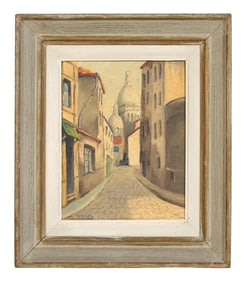Marcel Catelein (French, 1907-1972), "Montmartre Street Scene with View of the Sacre Coeur," H.- 9