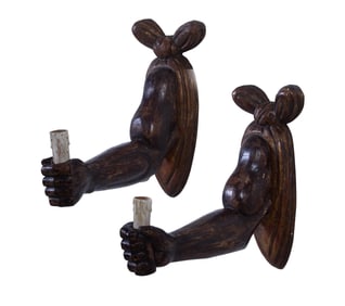 Pair of Polychromed Carved Wood Single Arm Sconces, 20th c., Each- H.- 14 in., W.- 6 1/2 in., D.- 14