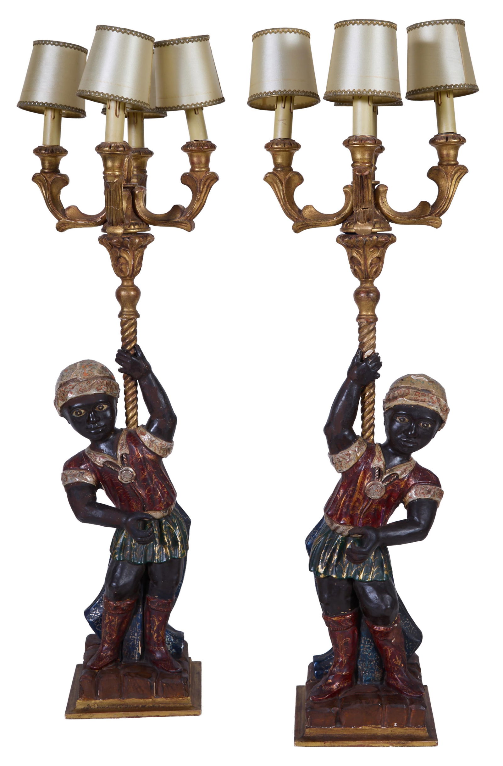 Pair of Polychromed Composition Four Light Blackamoor Lamps, 20th c., Each- H.- 35 1/2 in., Dia.- 9 (1 of 3)
