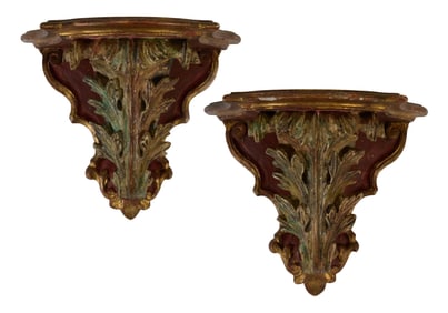 Pair of Italian Polychromed and Gilt Plaster Wall Brackets, late 19th c., Each- H.- 9 1/4 in., W.-