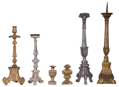 Six Wood Pricket Candlesticks, late 19th c., Tallest- H.- 38 in., Dia.- 8 in. (6 Pcs.)