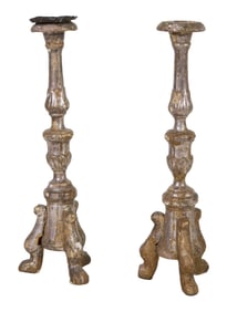 Pair of Silvered Wood Single Candlesticks, early 20th c., Each- H.- 16 1/2 in., Dia.- 5 in. (2 Pcs.)