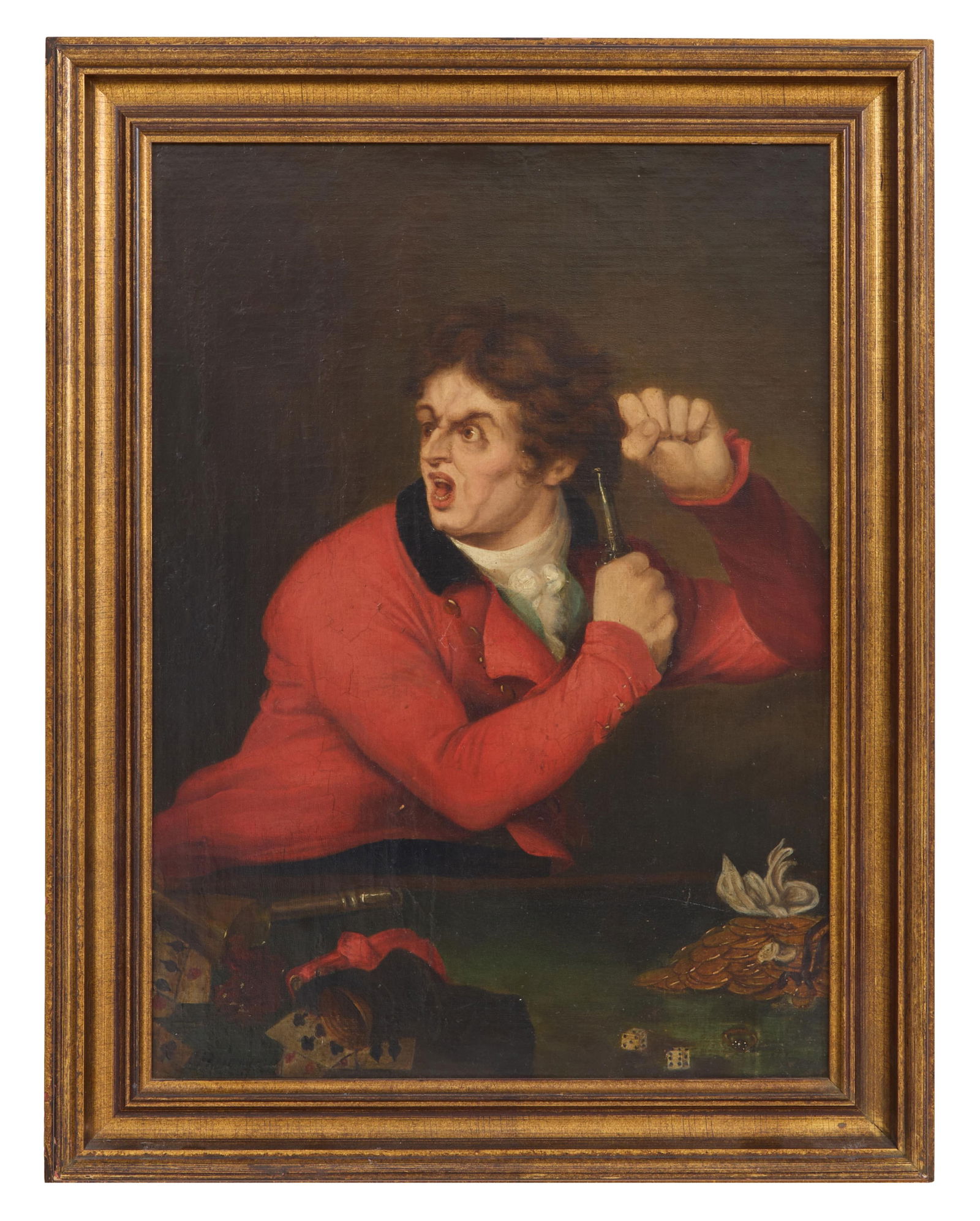 After Sir David Wilkie (Scottish, 1785-1841), "The Gambler," early 19th c., H.- 22 1/4 in., W.- 16: After Sir David Wilkie (Scottish, 1785-1841), "The Gambler," early 19th c., oil on canvas, indistinctly signed lower left "Whogreth/Wiengreth?", presented in a giltwood frame, H.- 22 1/4 in., W.- 16 3