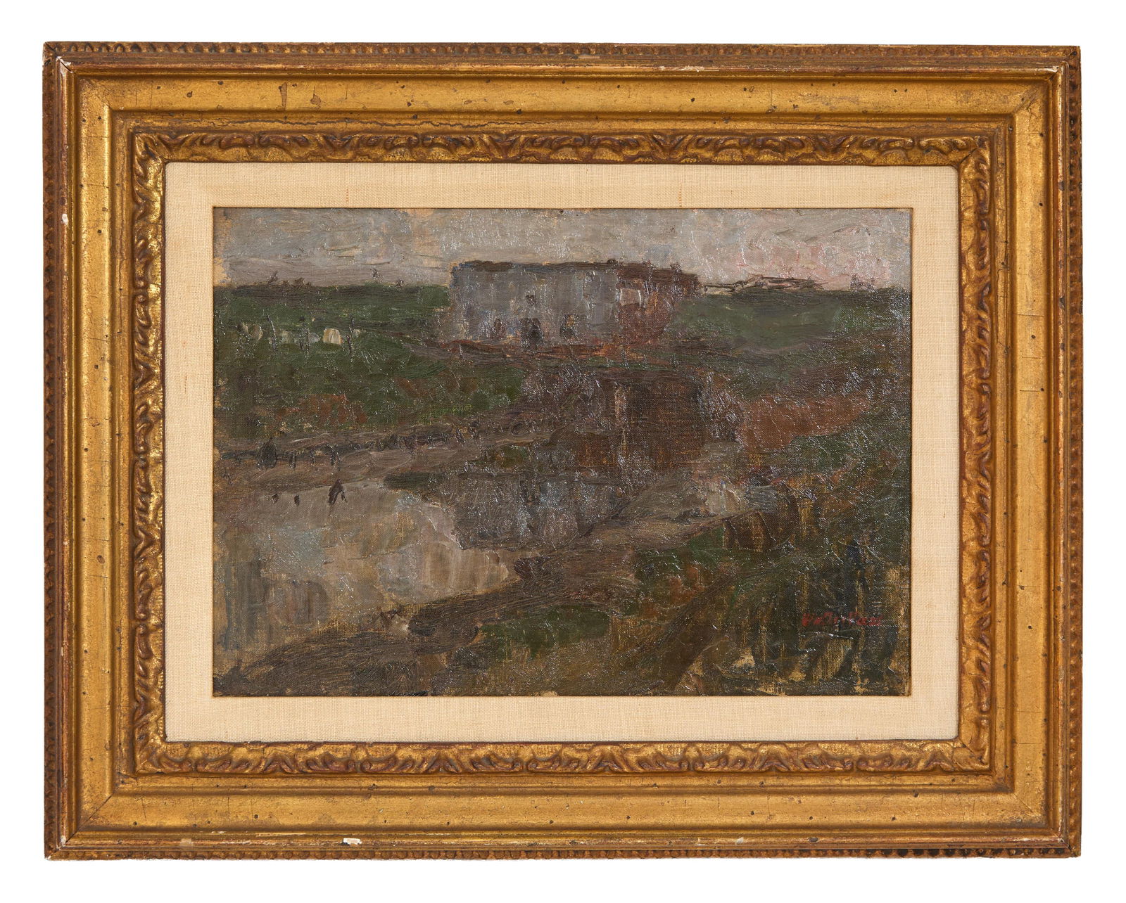 Walter Vaes (Belgian, 1882-1958), "Landscape with Stream and Barn," H.- 9 3/4 in., W.- 13 3/8 in., (1 of 10)