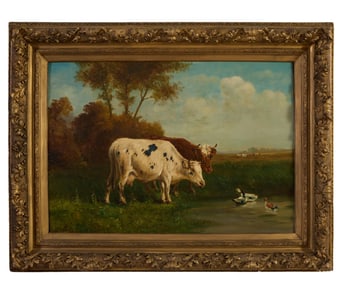 Henry Schouten (Belgian, 1859/1867-1927), "Cows Communing with Ducks," H.- 27 3/4 in., W.- 39 1/4