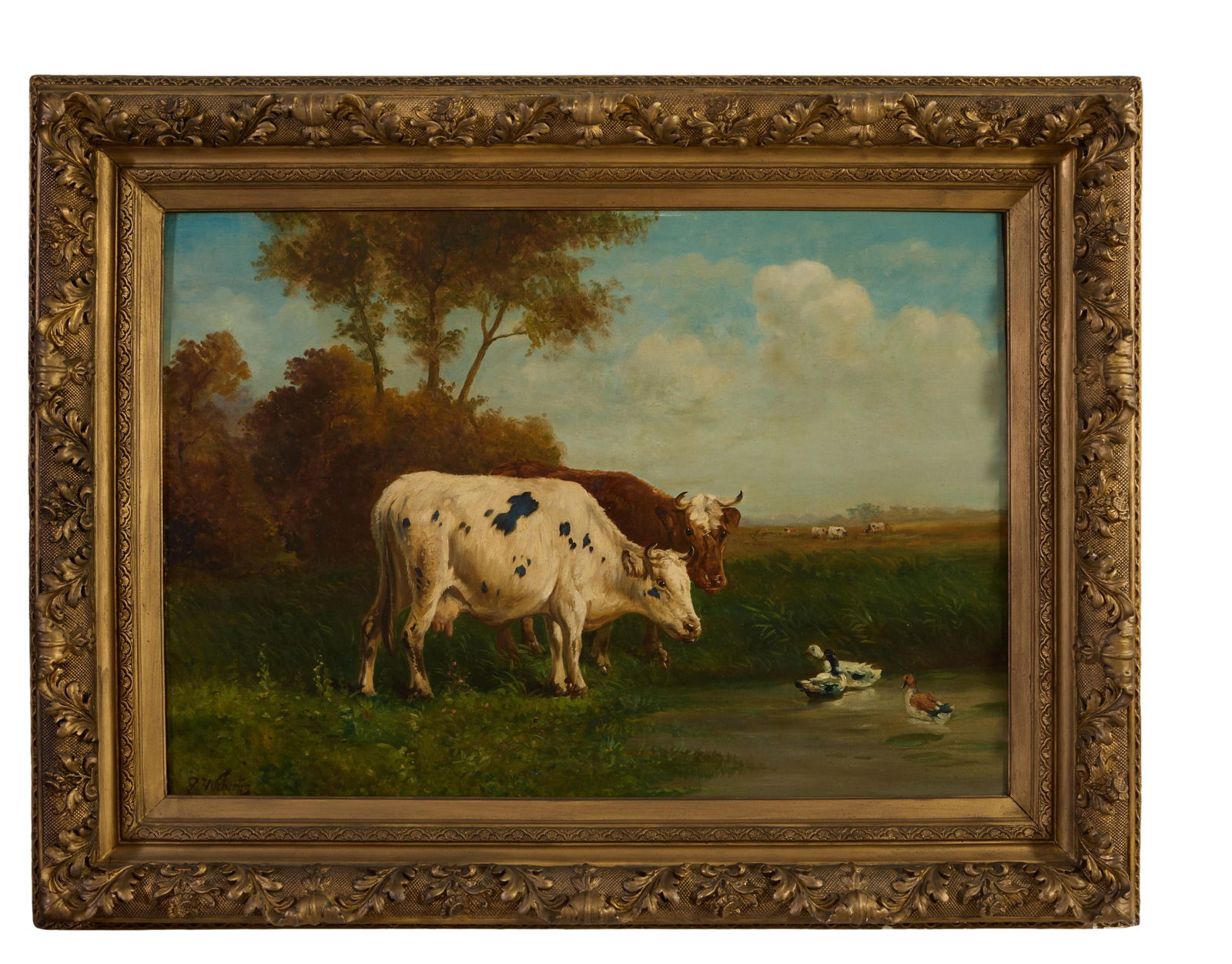 Henry Schouten (Belgian, 1859/1867-1927), "Cows Communing with Ducks," H.- 27 3/4 in., W.- 39 1/4 (1 of 4)