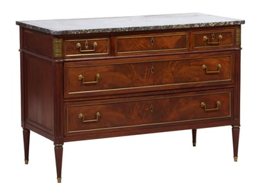 French Louis XVI Style Marble Top Walnut Commode, mid 19th c., H.- 34 1/2 in., W.- 50 1/2 in., D.-