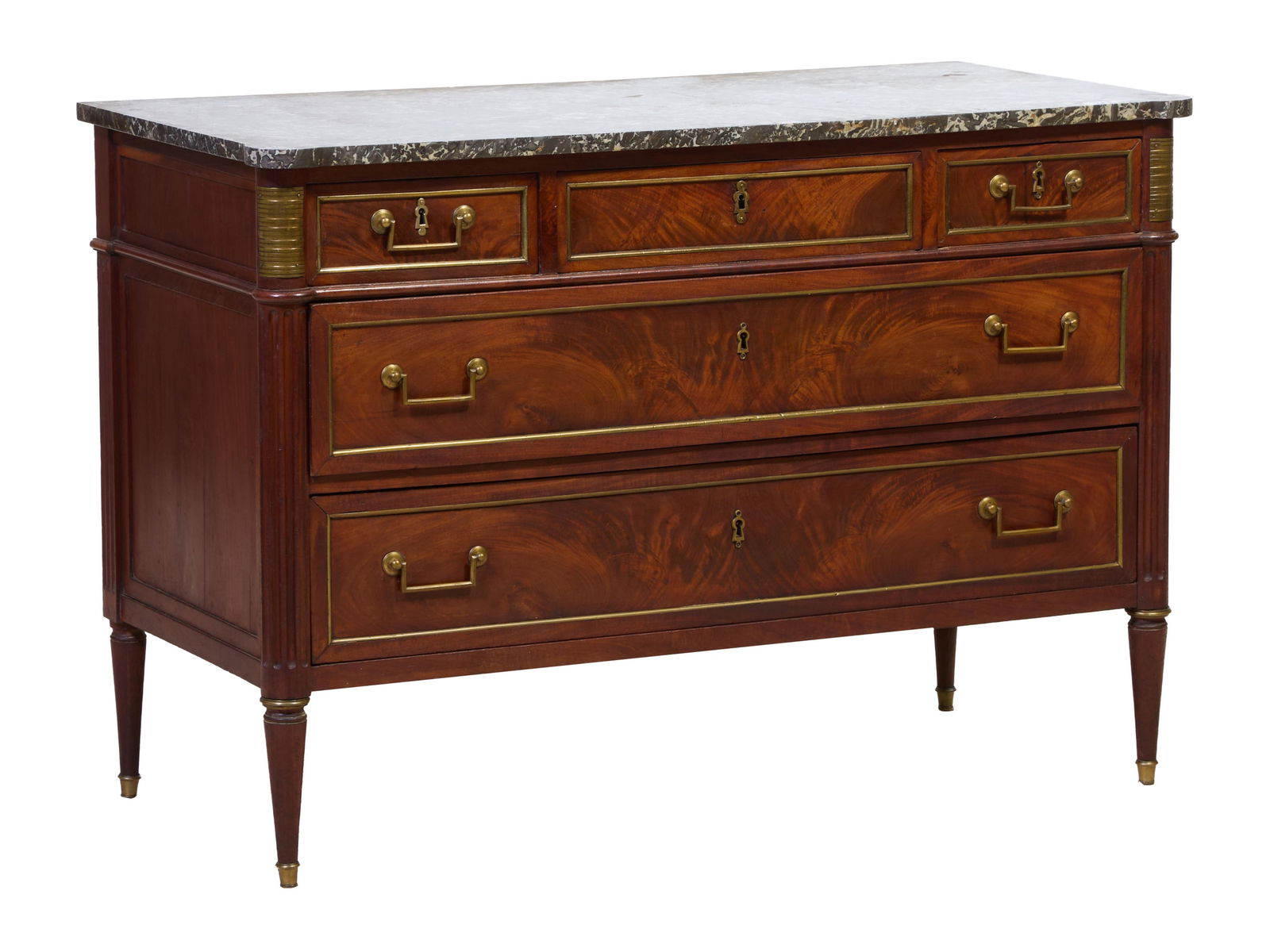 French Louis XVI Style Marble Top Walnut Commode, mid 19th c., H.- 34 1/2 in., W.- 50 1/2 in., D.- (1 of 2)