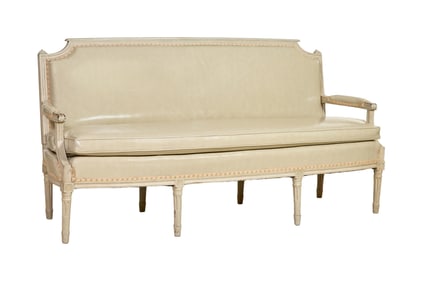 French Louis XVI Style Creme Peinte Waxed Leather Sofa, late 19th c., H.- 37 3/4 in., W.- 75 in.,