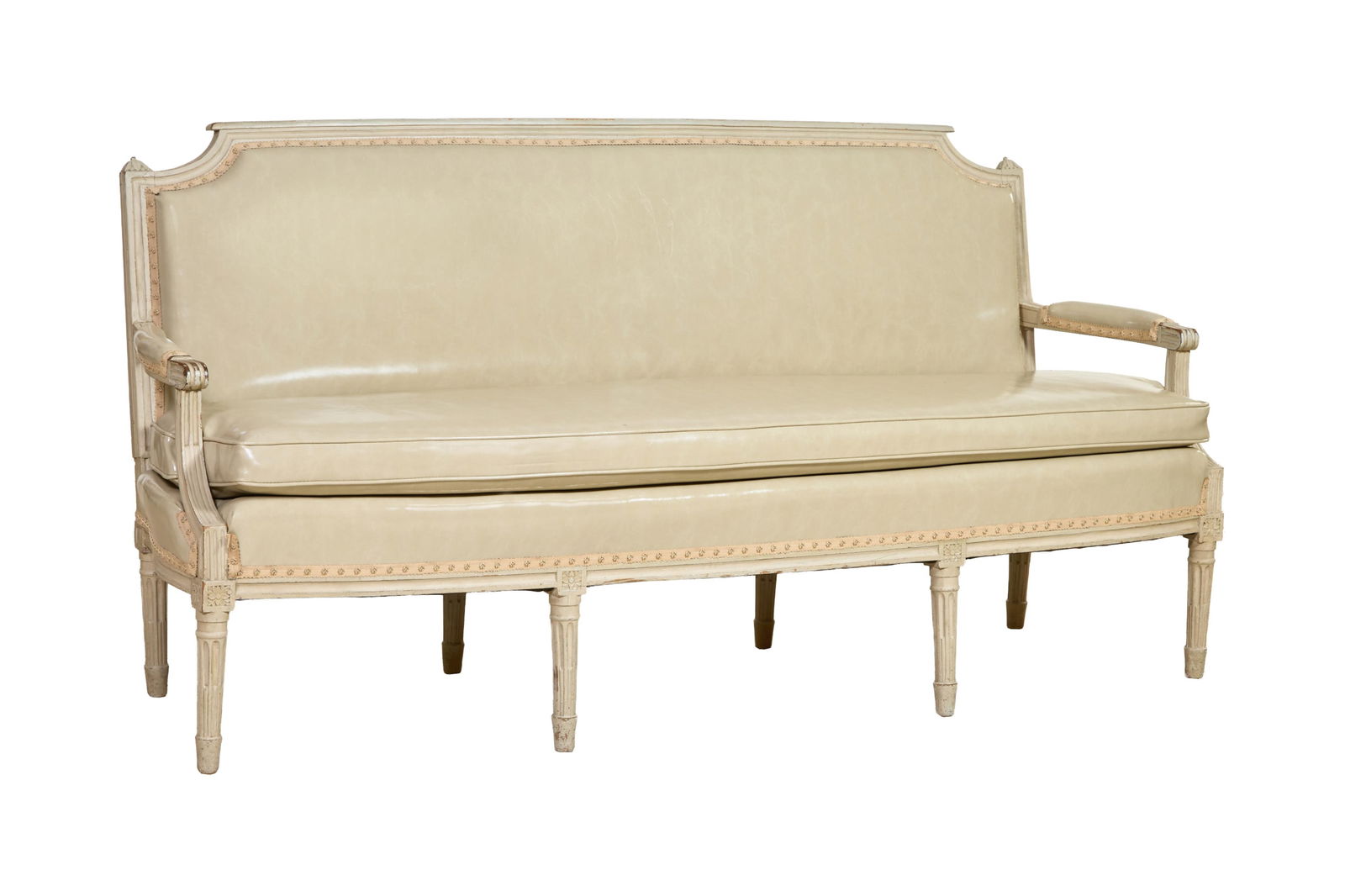 French Louis XVI Style Creme Peinte Waxed Leather Sofa, late 19th c., H.- 37 3/4 in., W.- 75 in., (1 of 10)