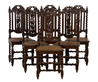 Six French Henri II Style Carved Beech Dining Chairs, late 19th c., Each- H.- 42 in., W.- 18 1/4