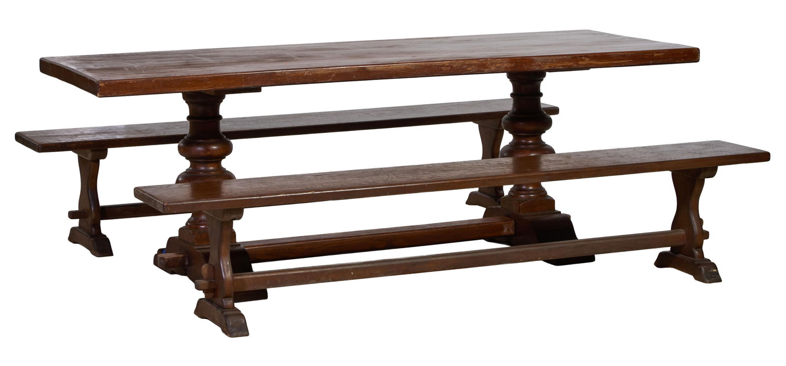French Provincial Renaissance Style Monastery Table and Benches, 20th c., Table- H.- 31 in., W.- 87 (1 of 3)