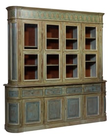 Italian Style Polychromed Buffet a Deux Corps, 20th c., H.- 102 in., W.- 101 in., D.- 18 1/2 in.