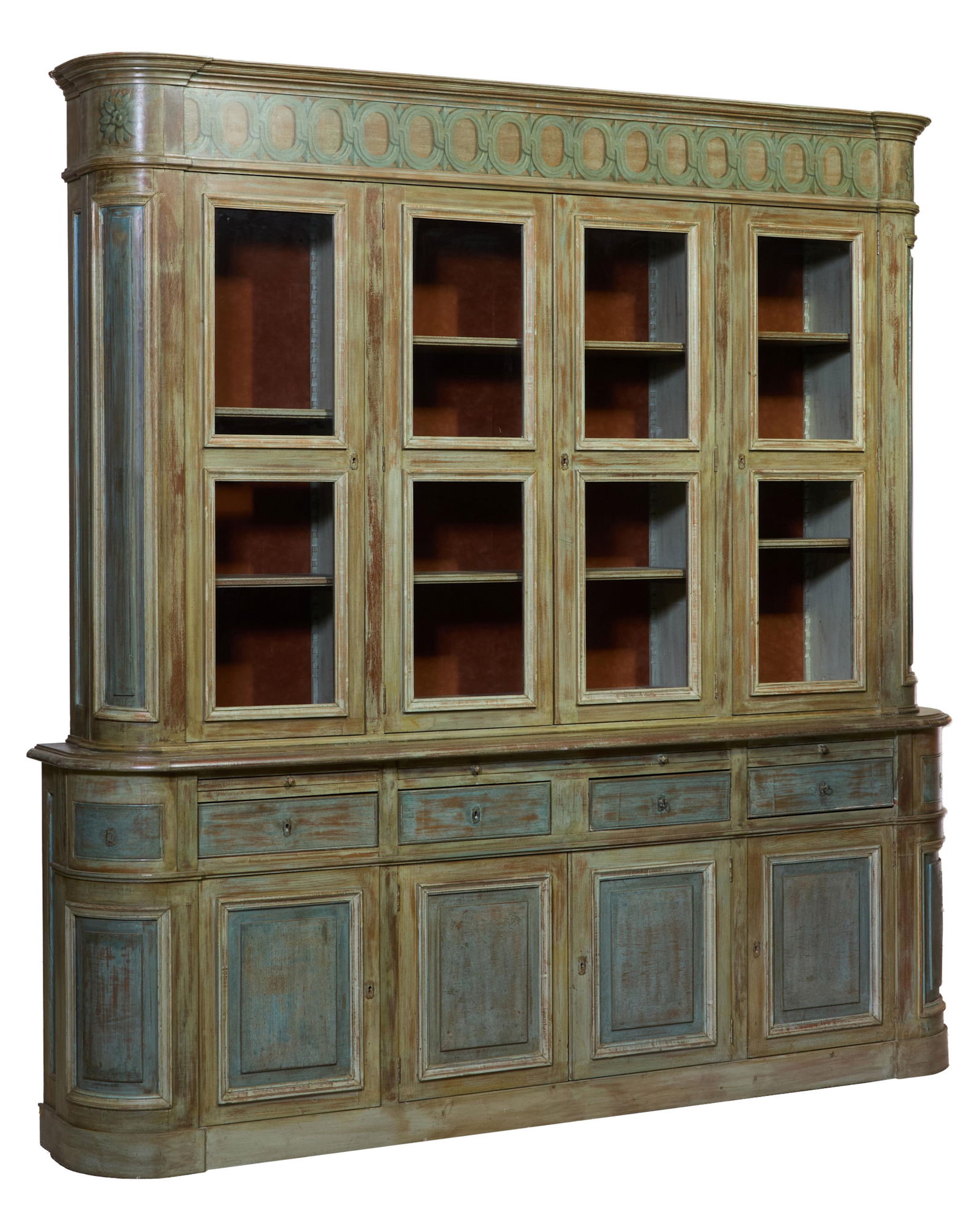 Italian Style Polychromed Buffet a Deux Corps, 20th c., H.- 102 in., W.- 101 in., D.- 18 1/2 in.: Italian Style Polychromed Buffet a Deux Corps, 20th c., the superstructure with stepped molded cornice with projected rounded ends, faux painted frieze with rosette ends, conforming case with four gla