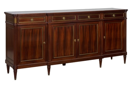 French Louis XVI Style Walnut Breakfront Enfilade, 20th c., H.- 41 3/4 in., W.- 91 1/2 in., D.- 20