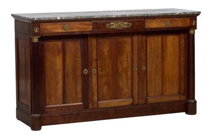 French Empire Marble Top Ormolu Mounted Walnut Enfilade, early 19th c., H.- 40 1/2 in., W.- 69 in.,