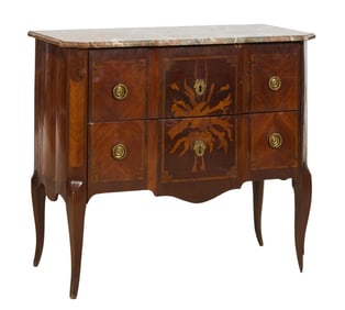 French Transitional Louis XV/XVI Style Marble Top Marquetry Parquetry Commode, 19th c., H.- 34 in.,