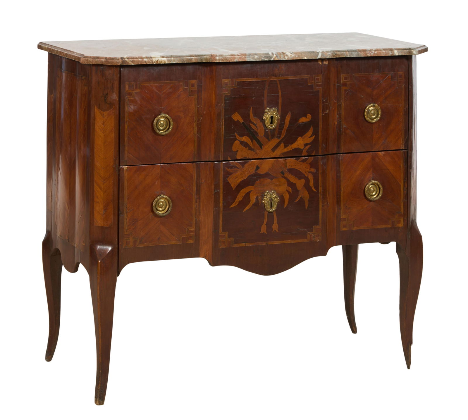 French Transitional Louis XV/XVI Style Marble Top Marquetry Parquetry Commode, 19th c., H.- 34 in., (1 of 3)