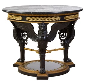 French Empire Style Ormolu Mounted Marble Top Bronze Center Table, 20th c., H.- 34 in., Dia.- 43 in.