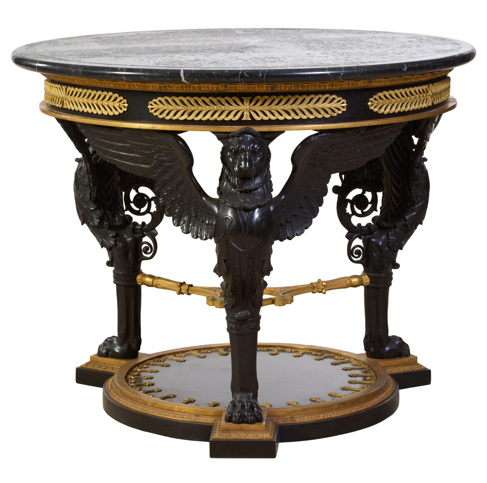 French Empire Style Ormolu Mounted Marble Top Bronze Center Table, 20th c., H.- 34 in., Dia.- 43 in. (1 of 15)