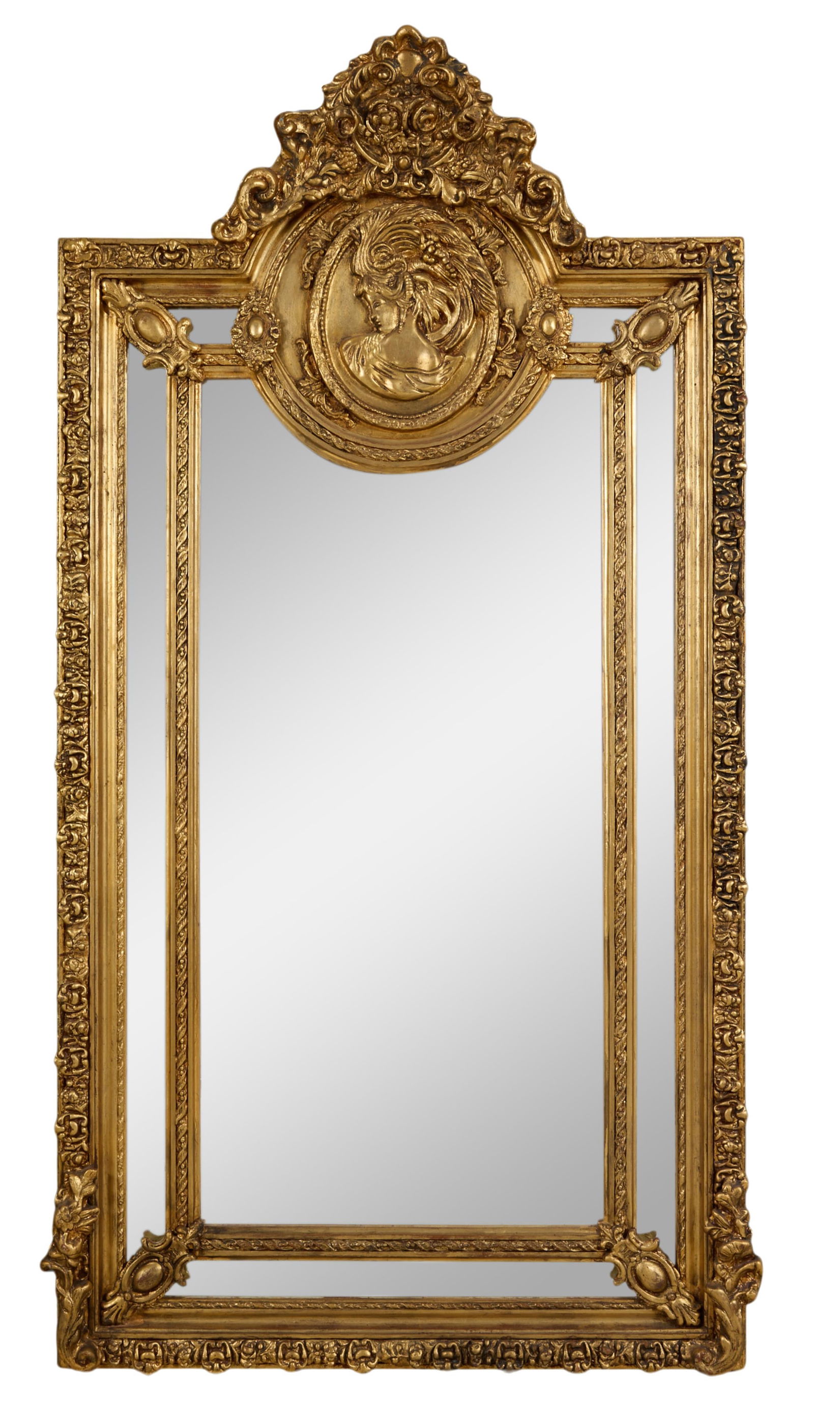 Louis XVI Inspired Gilt Cushion Mirror, 21st c., H.- 82 in., W.- 43 in. (1 of 2)