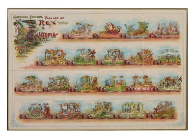 Mardi Gras Parade Bulletin, Rex, 1906, "In Utopia," Framed- H.- 29 in., W.- 43 in.