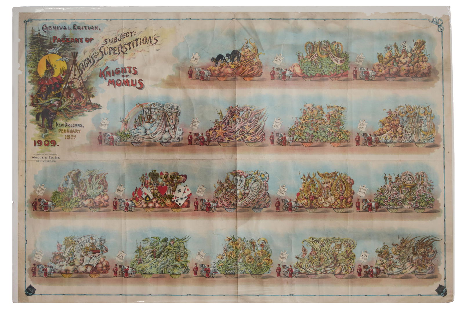 Mardi Gras Parade Bulletin, Knights of Momus, 1909, "Signs and Superstitions," H.- 28 5/8 in., W.- (1 of 2)