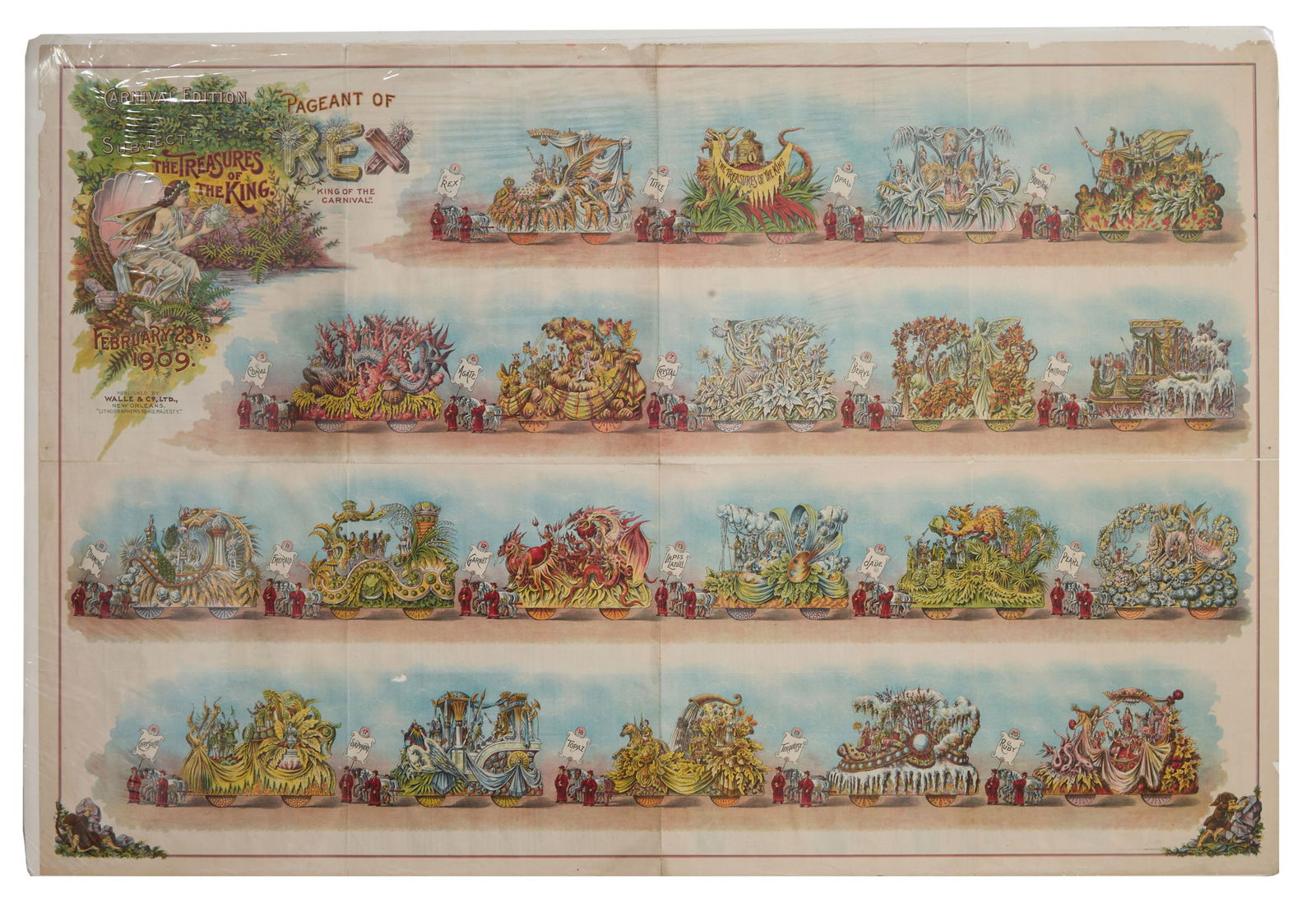 Mardi Gras Parade Bulletin, Rex, 1909, "The Treasures of the King," H.- 28 5/8 in., W.- 42 3/4 in. (1 of 2)