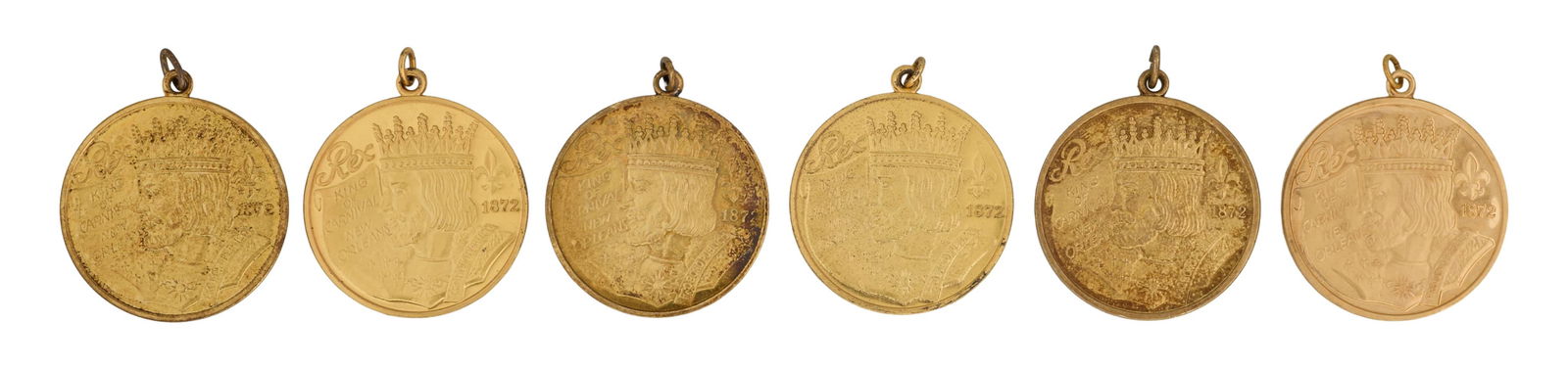 Six Mardi Gras Krewe Charms, Rex, 20th c., Total Gold Wt.- 8.9 grams; Total Sterling Wt.- 1.47 Troy (1 of 2)