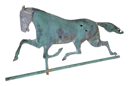 Patinated Zinc Running Horse Weathervane, possibly J W Fiske, late 19th c., H.- 15 in., W.- 32 in.,