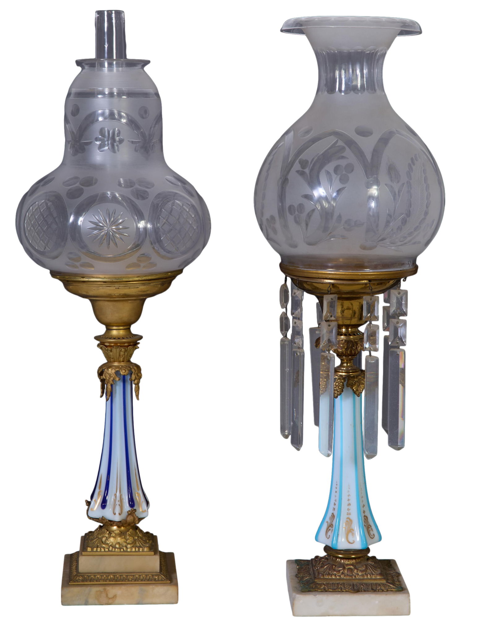Two Brass Solar Lamps with Dietz's Glass Standards, early to mid 19th c., Both- H.- 28 1/2 in., D.- (1 of 7)