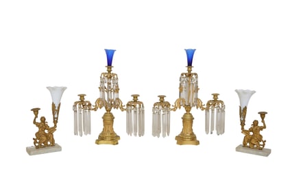 Pair of Gilt Bronze Triple Girandoles, together with a pair of Figural Single Candlesticks, mid 19th