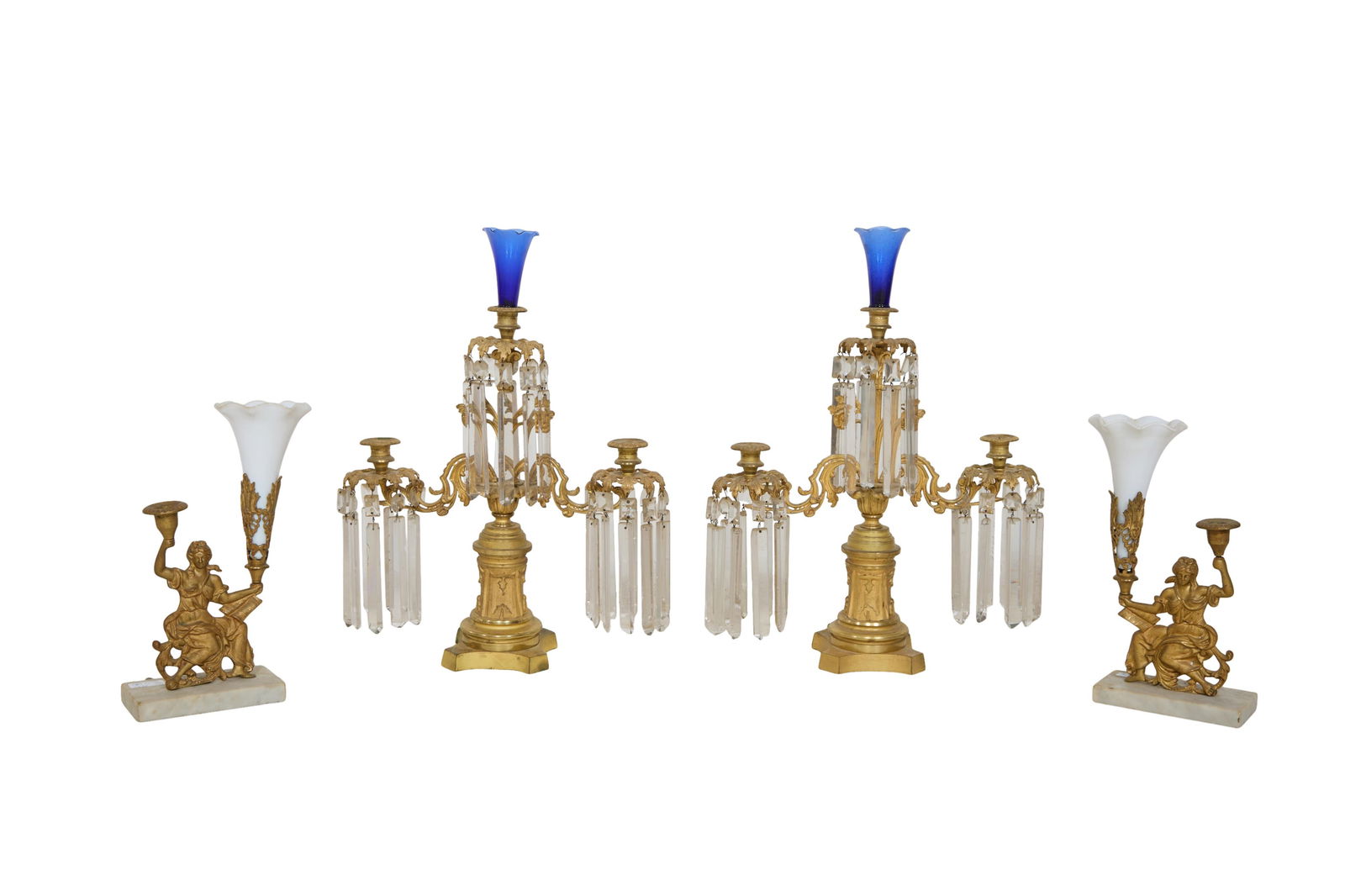 Pair of Gilt Bronze Triple Girandoles, together with a pair of Figural Single Candlesticks, mid 19th (1 of 2)