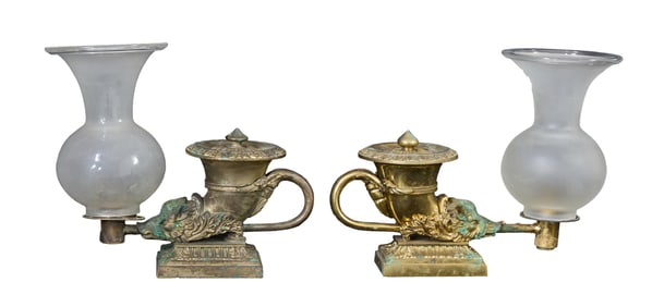 Pair of Gilt Bronze Rhyton Argand Lamps, probably French, early to mid 19th c., Each- H.- 11 in.,