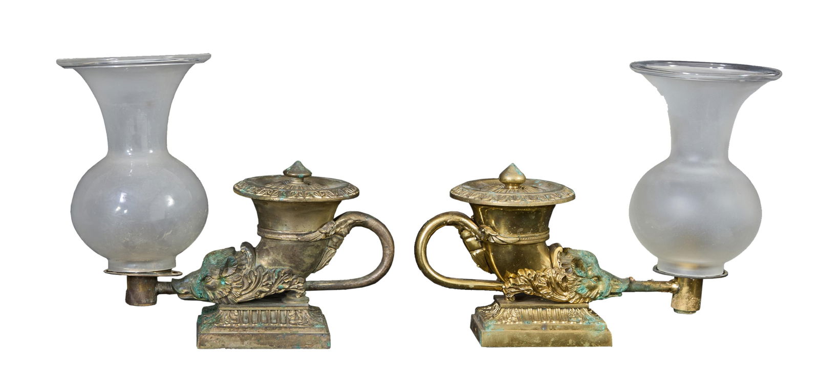 Pair of Gilt Bronze Rhyton Argand Lamps, probably French, early to mid 19th c., Each- H.- With Shade: Pair of Gilt Bronze Rhyton Argand Lamps, probably French, early to mid 19th c., with acid etched shades, finialed egg and dart horn shaped font with handle, foliated Boar's head terminus, fluted stepp