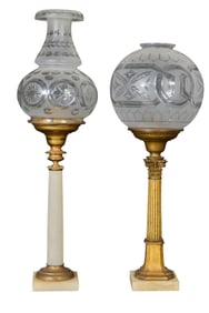 Two Gilt Metal Solar Lamps, early to mid 19th c., Gilt Column- H.- 27 in., Dia.- 9 in.; Marble