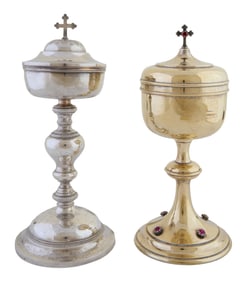 Two Plated Ciboriums, 20th c., Silver- H.- 11 in., Dia.- 4 3/4 in.; Gold- H.- 10 1/2 in., Dia.- 4